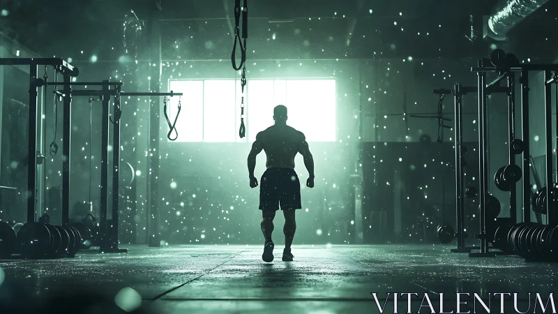 Silhouetted male figure in weight training gym interior.