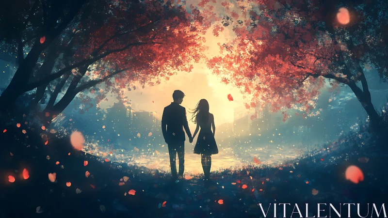 Silhouetted couple beneath autumn foliage with luminous bokeh city backdrop