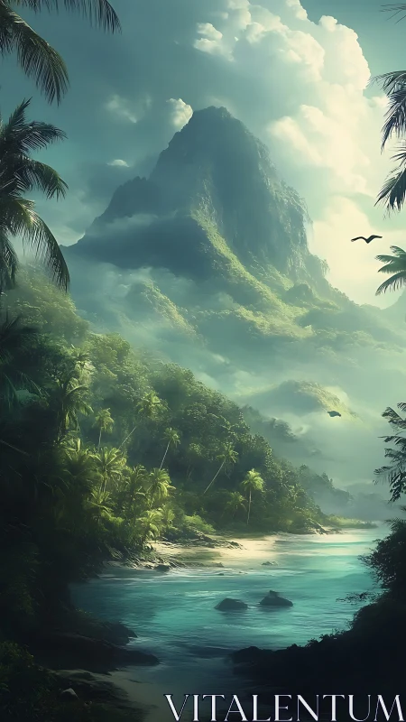 Verdant Peak: Tropical Volcano Rising Above Emerald Waters.