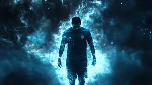 Shrouded footballer emerging through electric blue smoke.
