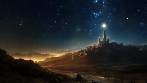 Luminous star crowns a distant desert fortress at night.