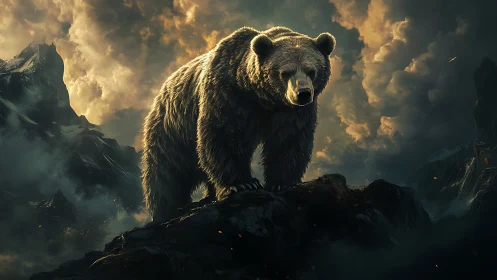 Massive grizzly bear dominates stormy alpine ridge under dramatic clouds