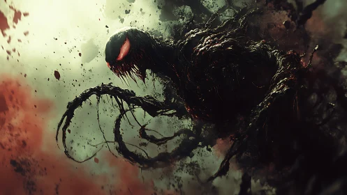 Nightmarish tendril creature emerges in swirling toxic mist.