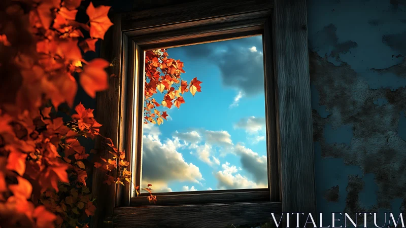 Window frame view of blue sky and clouds with autumn foliage.
