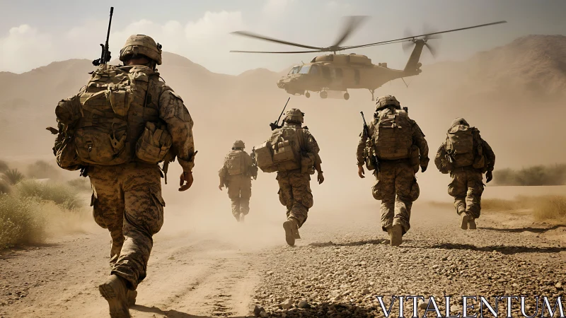 Soldiers advance toward helicopter in arid terrain under dust