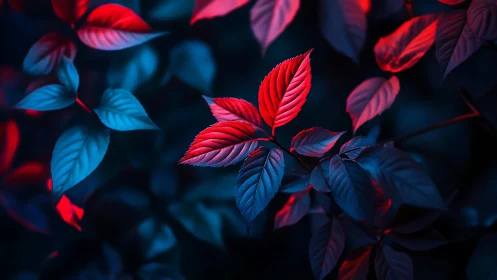 Neon dusk leaves glow like small rebellions in midnight garden.