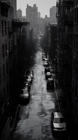 Rain soaked city backstreet with parked cars in shadow.
