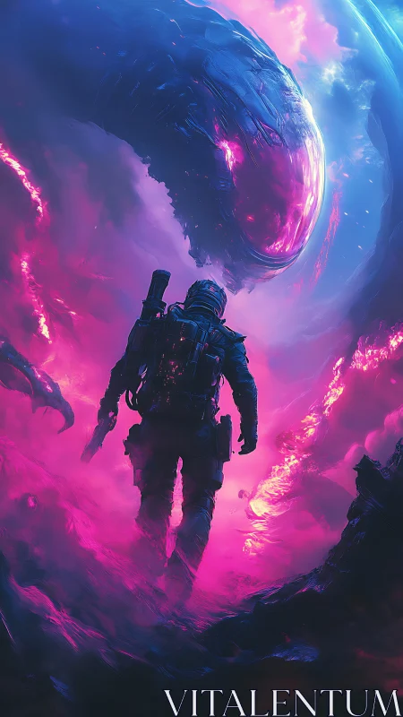 Armored astronaut confronting colossal neon cosmic entity