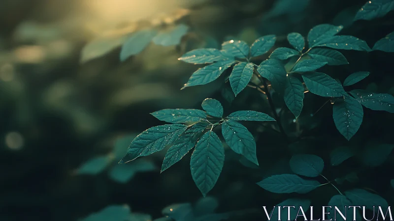 Forest leaves with dawn light and dewy bokeh ambiance.
