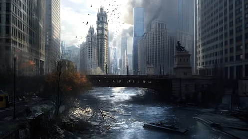 Deserted river city bridge stands under smoke-filled skyline