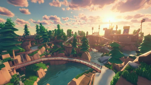 Stylized Industrial Landscape with Bridges and Waterways