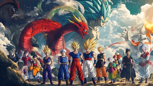 Multiple anime warriors stand before large dragons in clouds
