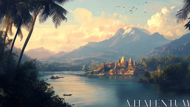 Sunlit river temple city beneath distant misty mountains.