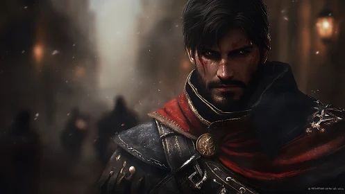 Brooding warrior hero in a misty alleyway at dusk.