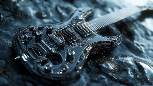 Chrome electric guitar gleams on wet metallic surface.