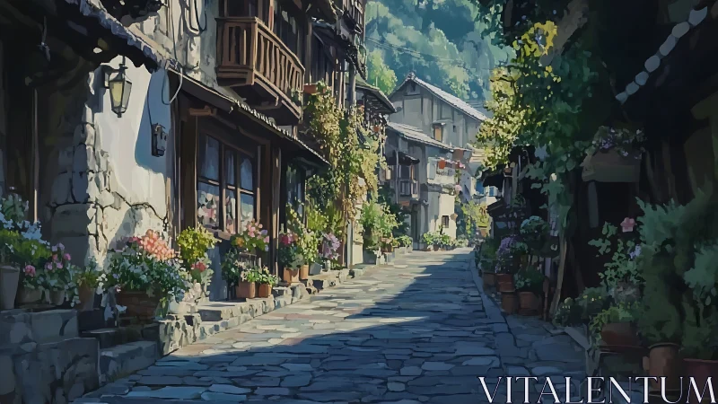 Narrow stone street shows rustic houses lined with flowers
