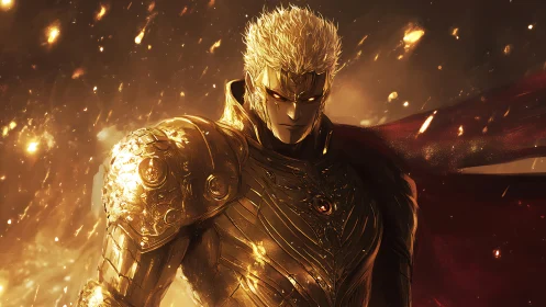 Golden armored warrior in glowing ember-filled environment.