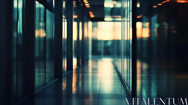 Quiet glass corridor glowing with soft evening reflections.