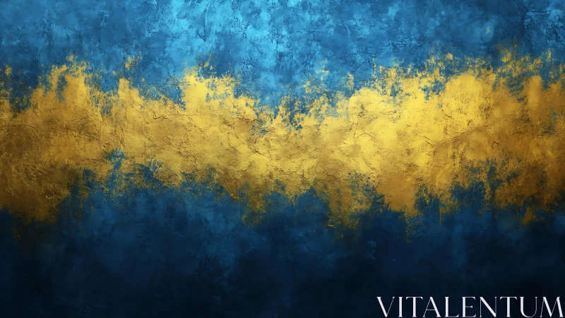 Abstract blue and gold textured painting with bold central stripe.