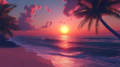 Neon sunset lagoon where dreamy palms guard molten horizons.