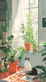 Sunlit indoor garden surrounds calm cat near window