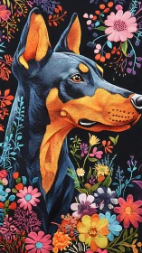 Doberman portrait embroidered among vibrant floral patterns