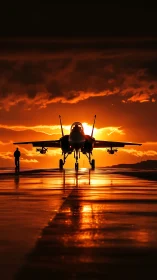Silhouetted jet on runway axis at incendiary sunset horizon.