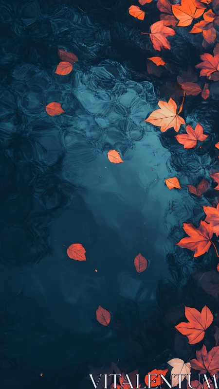 Autumnal maple leaves on rippled teal water surface study.