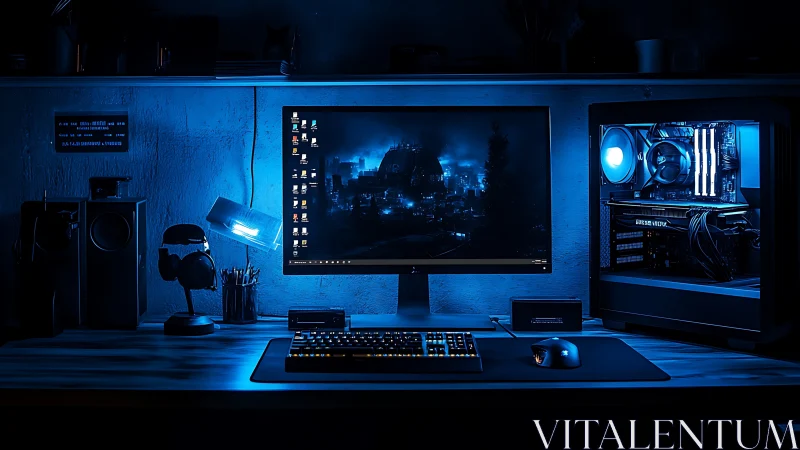 Blue-lit enthusiast battlestation with exposed gaming hardware.