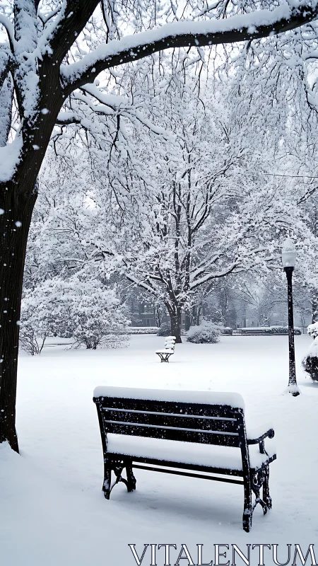 Snow-laden park bench anchors a high-contrast winter scene