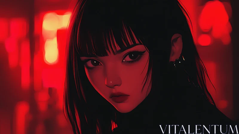 Midnight neon muse studies the city through crimson haze