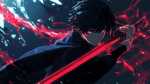 Dark haired swordsman with glowing red blade in motion.