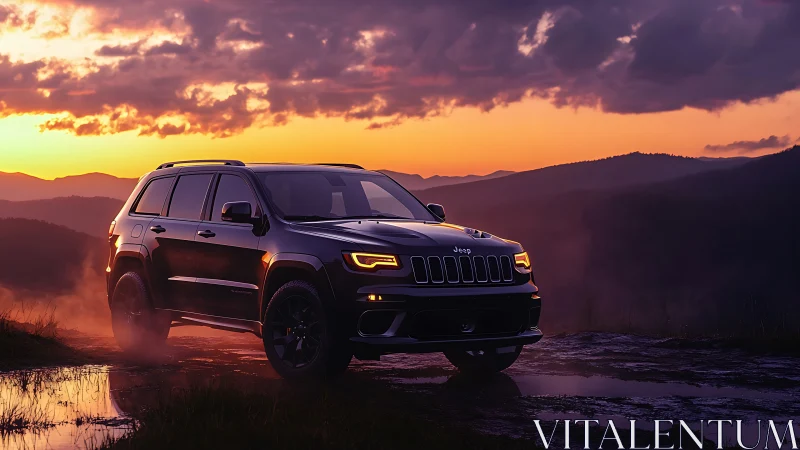 Off-road SUV silhouetted against vivid sunset mountain skyline