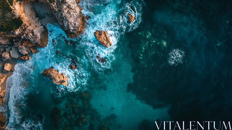 Rocky coastline with turquoise surf from aerial view.