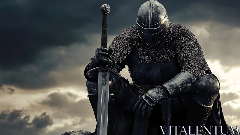 Storm-kissed knight pauses in quiet strength and reflection