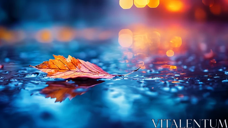 Glowing autumn leaf drifts gently across a rainlit street