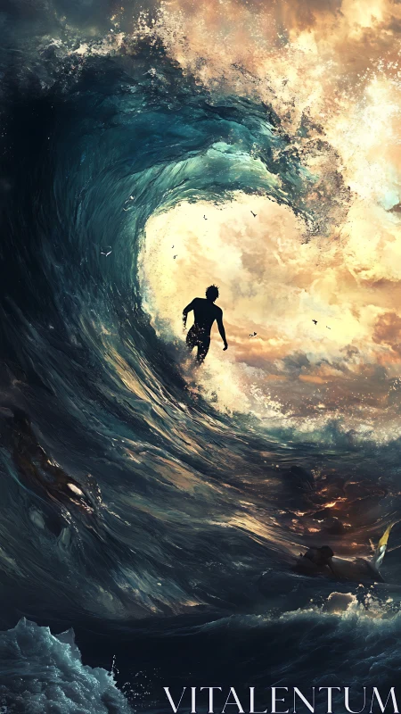 Silhouette Surfer Rides Monumental Wave Beneath Fiery Sky.