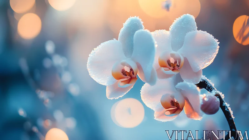 Frosted Orchid Blooms: Crystalline White Petals Against Warm Bokeh.