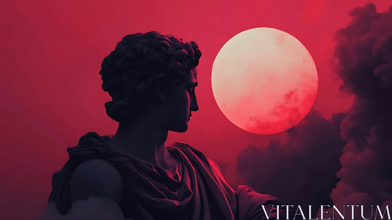 Neoclassical marble bust silhouette against saturated red moon