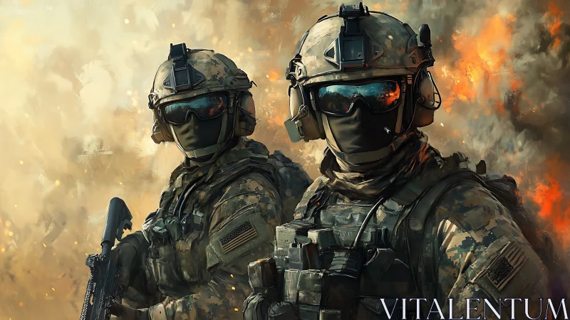 Modern tactical soldiers amid blazing battlefield chaos.