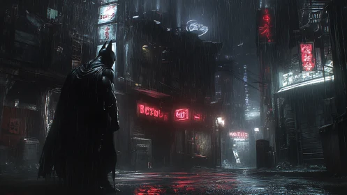 Dark vigilante surveys neon alleys under relentless city rain