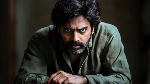 Photorealistic intense male portrait with dramatic low-key lighting.