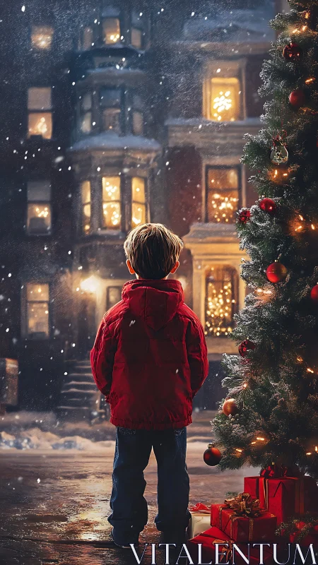 Child in red coat near outdoor Christmas tree at night.