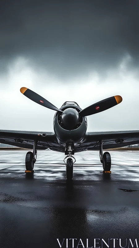 Storm-lit vintage propeller aircraft on wet runway frontview.