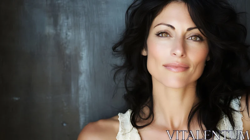 Confident brunette woman portrait against textured dark background.