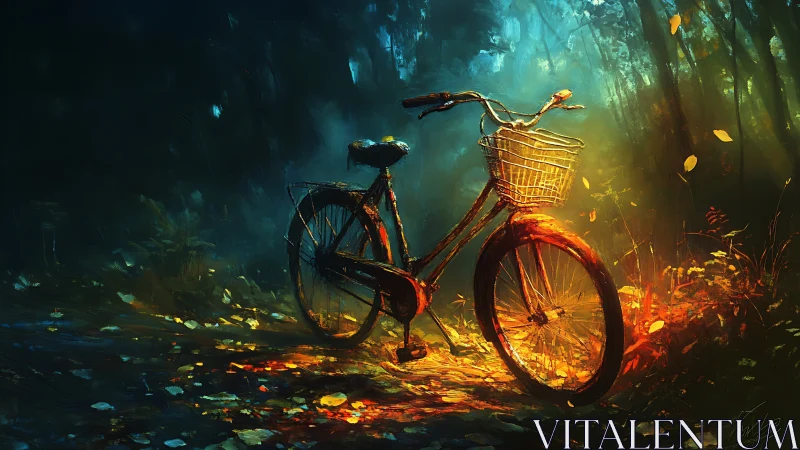 Bicycle Glowing in Enchanted Forest Illuminated by Magical Light.
