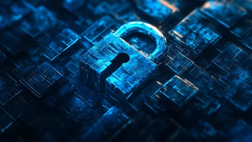 Glowing cyber lock resting on shimmering digital tiles.