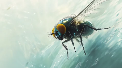 Curious close up of a jeweled fly in a soft teal glow.