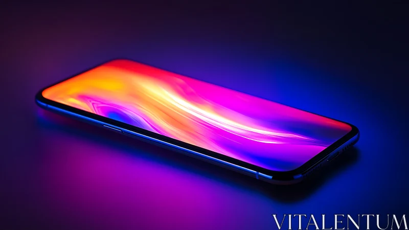 Smartphone with vivid gradient display on dark surface.