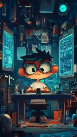 Young technician at cluttered lab workstation with monitors.